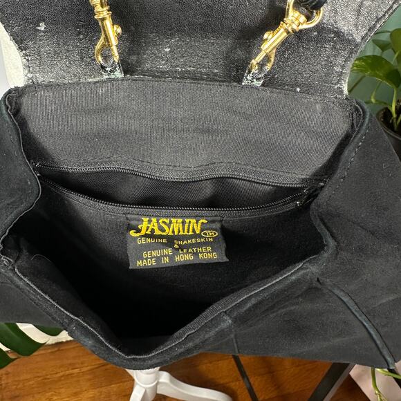 Vintage 1980s Jasmin Hong Kong Suede Snakeskin Leather Shoulder Bag Black Gold - Picture 5 of 16